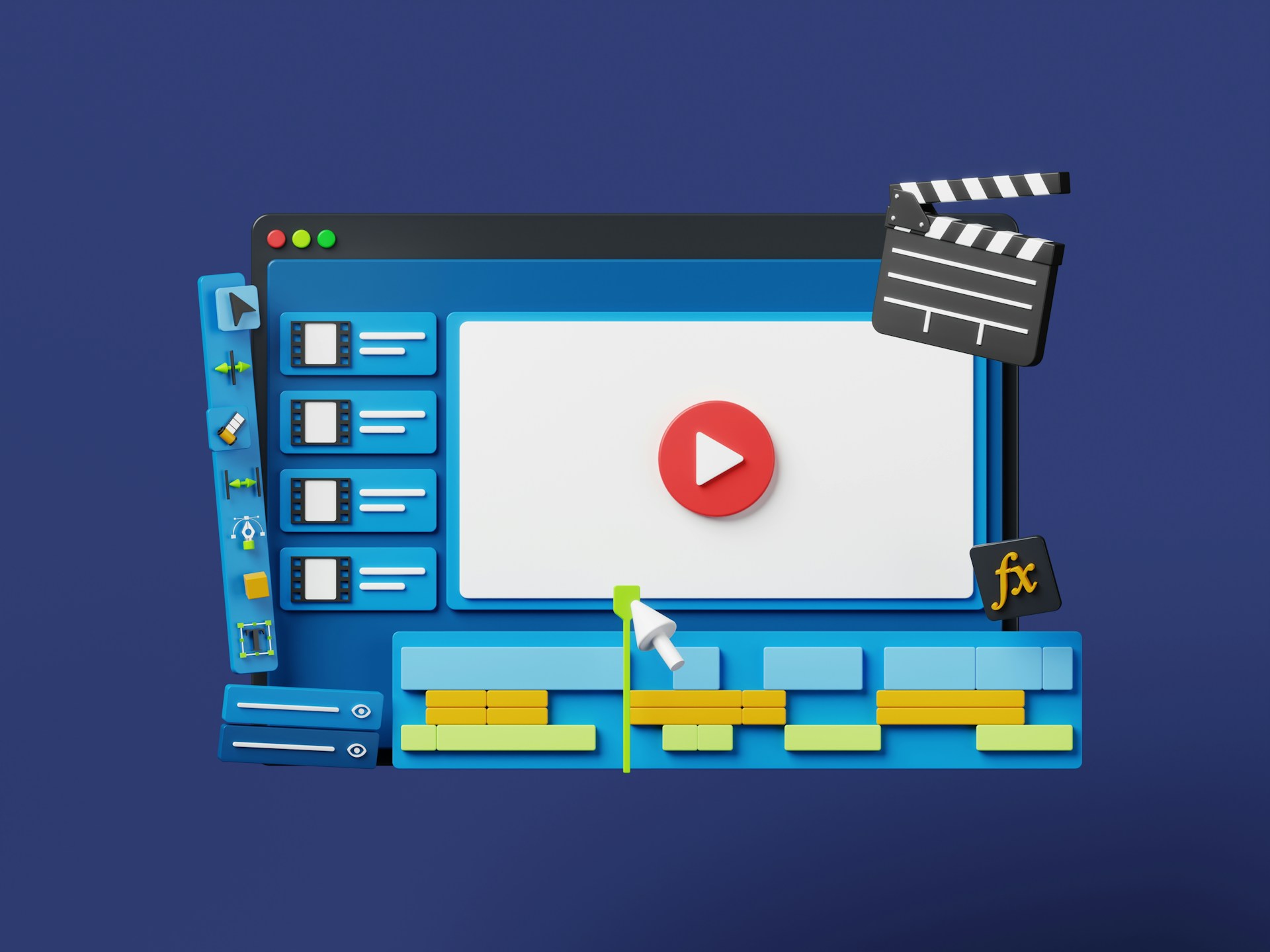 A 3D stylized illustration of a video editing software interface.